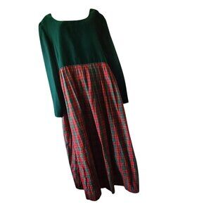VTG 80s 90s Handmade Green Velvet & Red Plaid Long Sleeve Dress with Square Neck